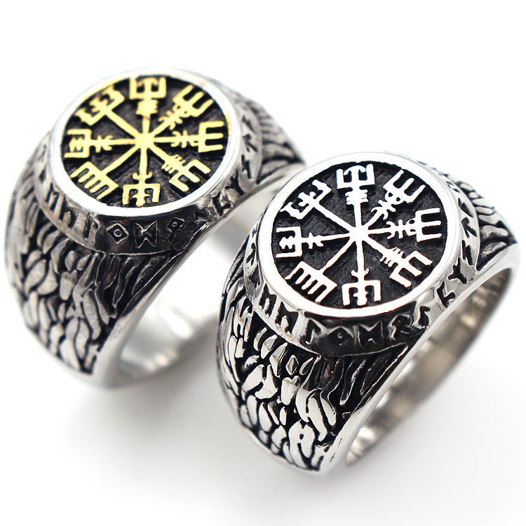 Men's 316L Titanium Steel Victor King Symbol Ring – Vintage Gold & Steel Statement Band