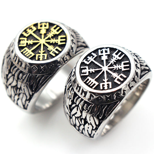 Men's 316L Titanium Steel Victor King Symbol Ring – Vintage Gold & Steel Statement Band