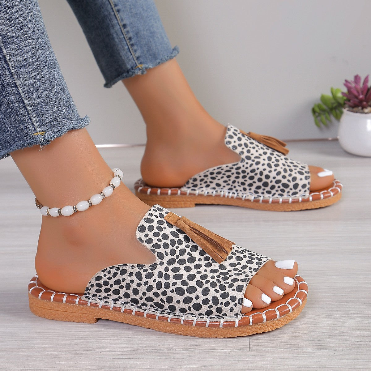 Women's Tassel Flat Sandals – Wide Fit