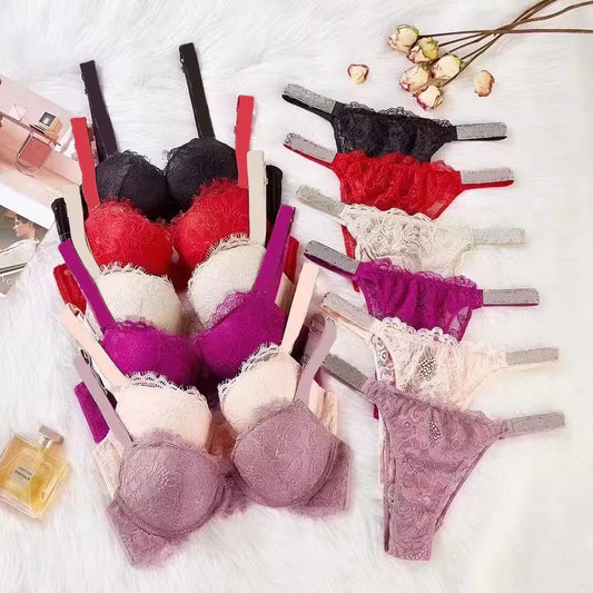 Lace Rhinestone 3/4 Cup Bra and Knicker Set | 4 Colours
