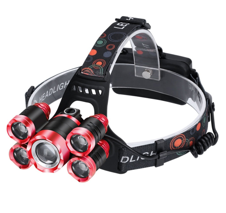 30W 2,200lm 5-Head LED Headlamp & Torch – IPX45 Waterproof Camping Search Light Gold Silver Red