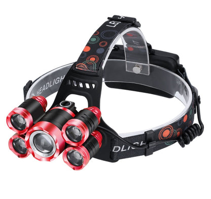30W 2,200lm 5-Head LED Headlamp & Torch – IPX45 Waterproof Camping Search Light Gold Silver Red