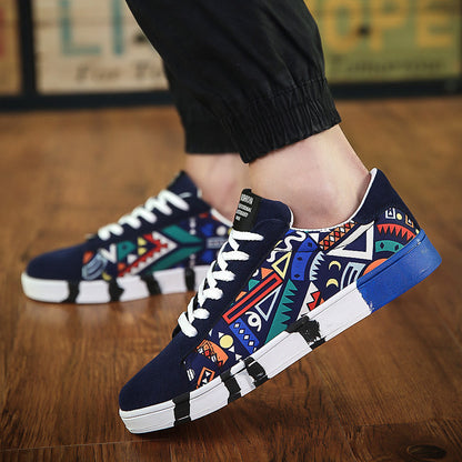 Men's Suede Canvas Trainers – Lace-Up Casual Shoes, Black, Blue & White
