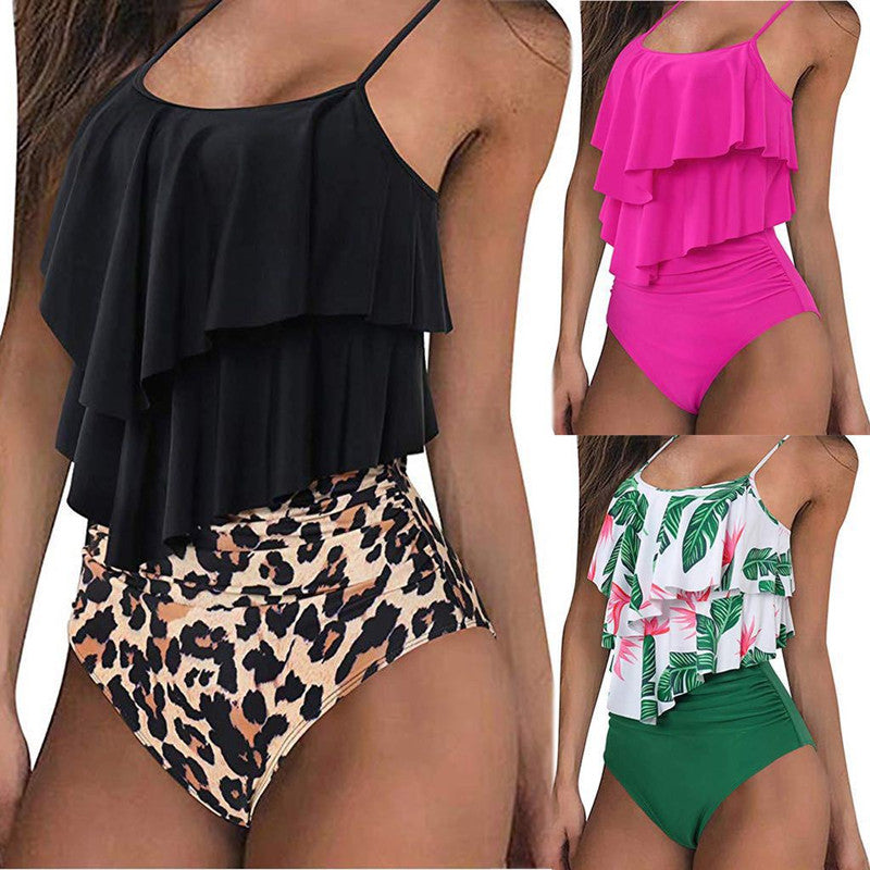 Women's Ruffled Bikini Set – Polyester, Rose Red, Green & Black