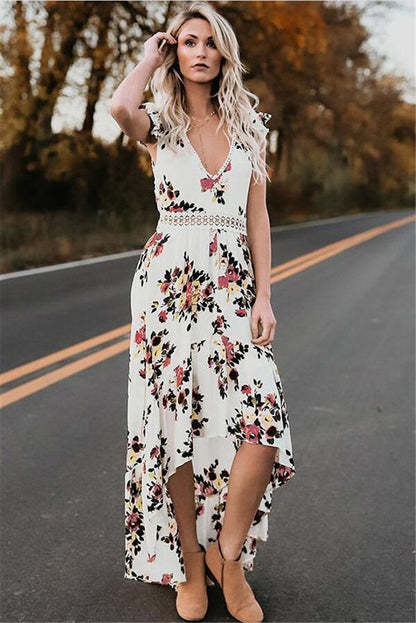 Women's Sleeveless Halter-Neck Printed Ruffle Maxi Dress | High-Waist Cotton Pullover Dress