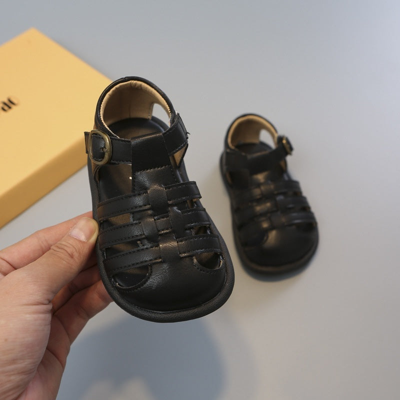 Girls' Woven Roman Shoes – PU Leather Velcro Toddler Flats