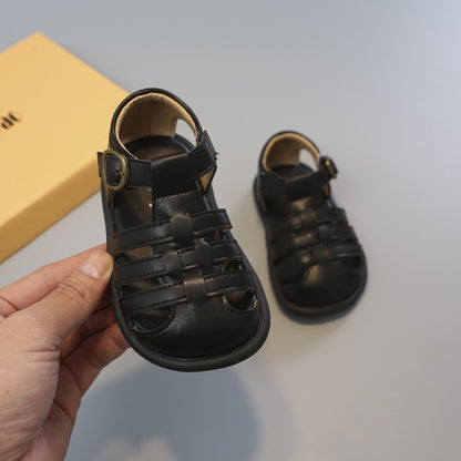 Girls' Woven Roman Shoes – PU Leather Velcro Toddler Flats