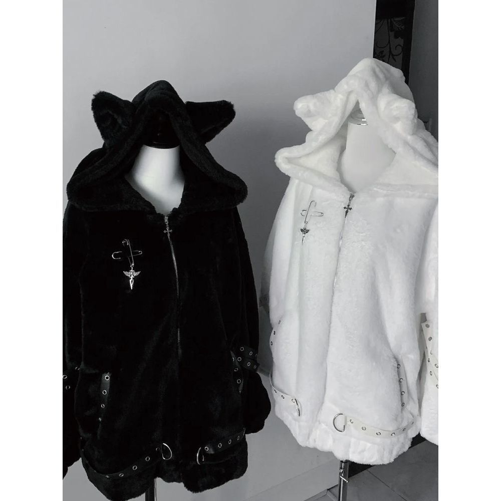 Women's Cat-Ear Mid-Length Coat - Long Sleeve Polyester Outerwear Black White
