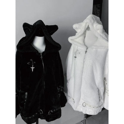 Women's Cat-Ear Mid-Length Coat - Long Sleeve Polyester Outerwear Black White