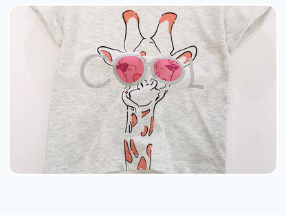 Girls Animal Print Cotton T-Shirt – Round Neck Short Sleeve Top