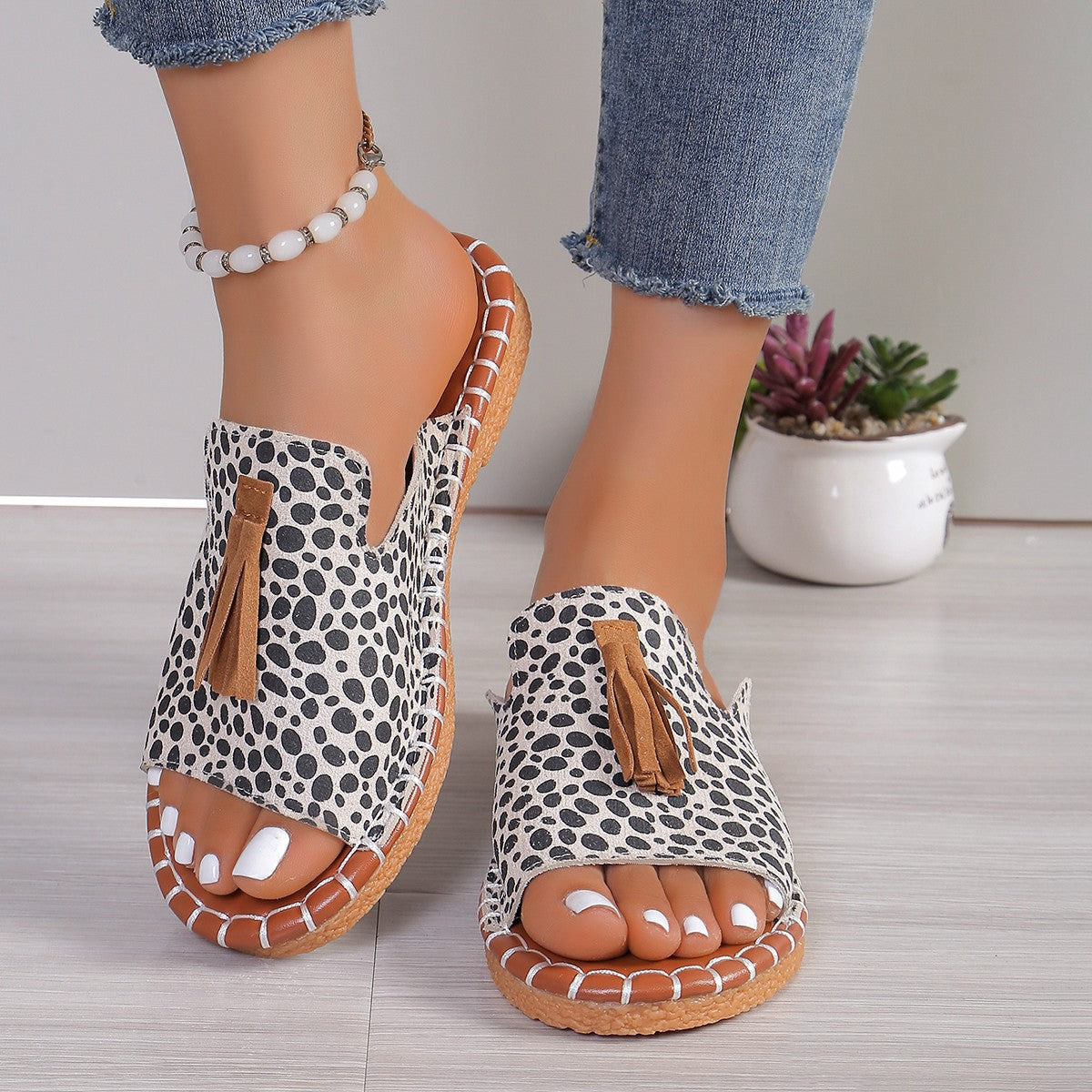 Women's Tassel Flat Sandals – Wide Fit
