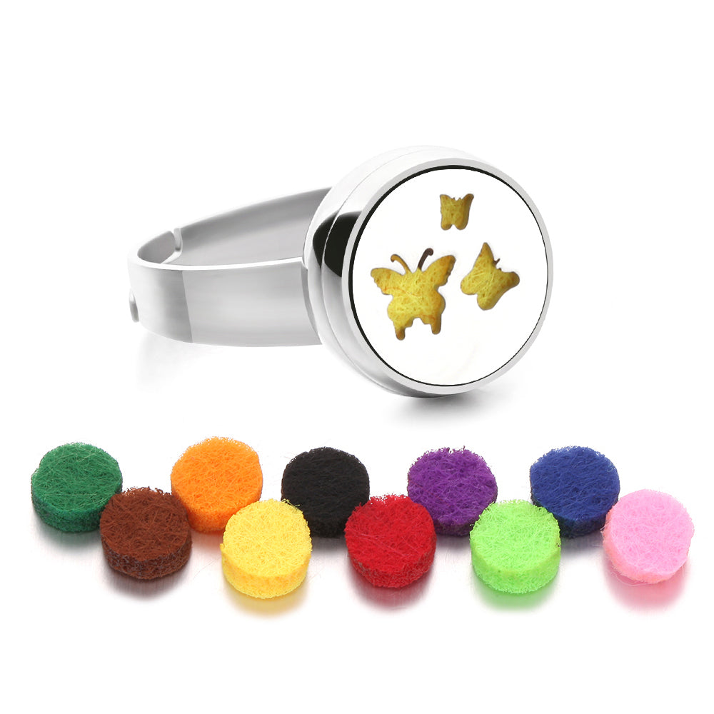 Stainless Steel Essential Oil Aromatherapy Ring | 15 Designs | Includes Cotton Pads