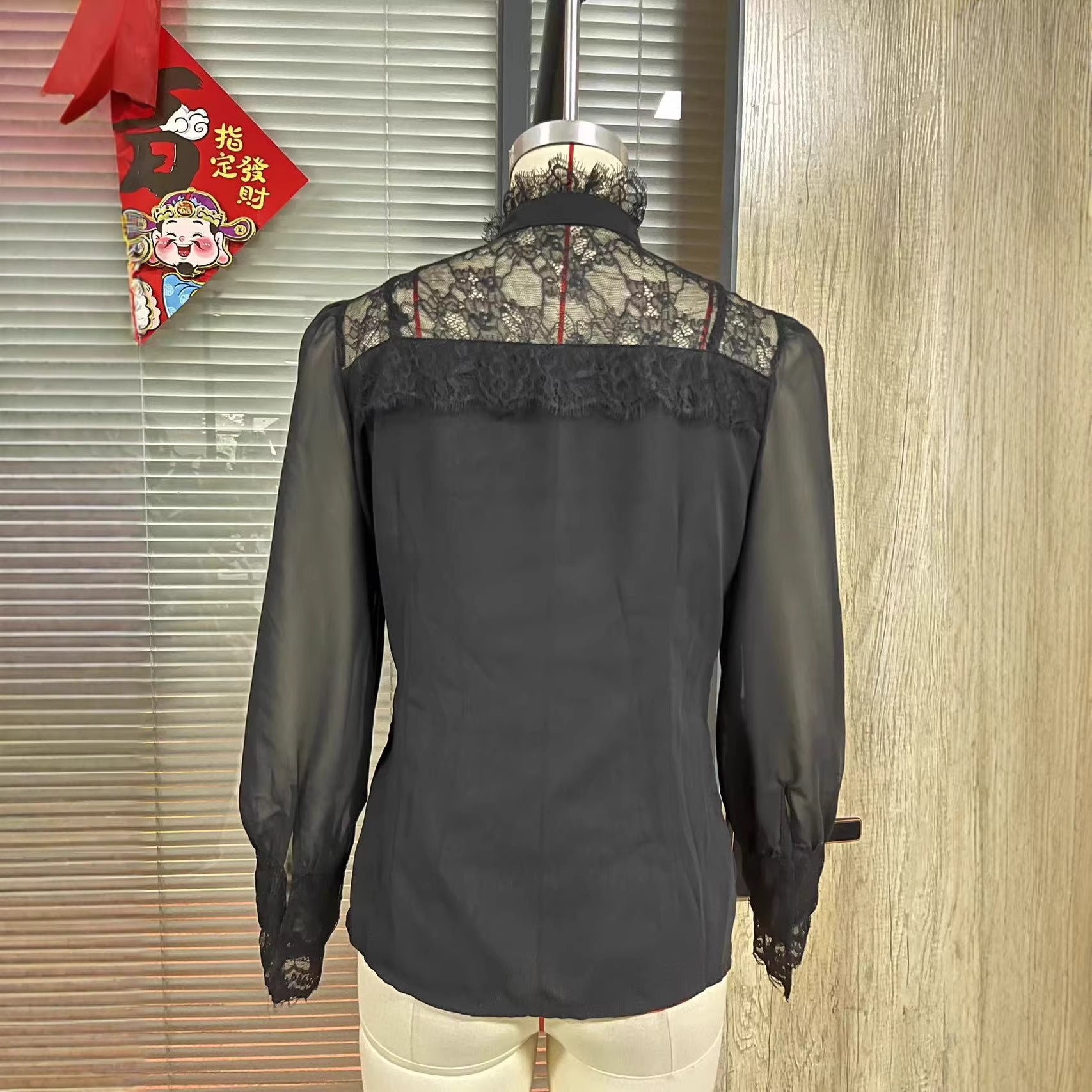Women's Semi-Sheer Lace Panel Tie-Front Blouse
