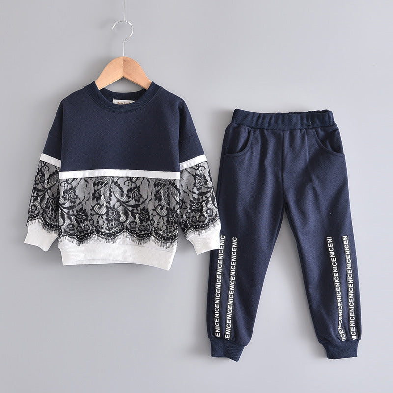 Girls' Lace-Trim Sweatshirt & Trousers Two-Piece Set