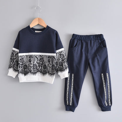 Girls' Lace-Trim Sweatshirt & Trousers Two-Piece Set