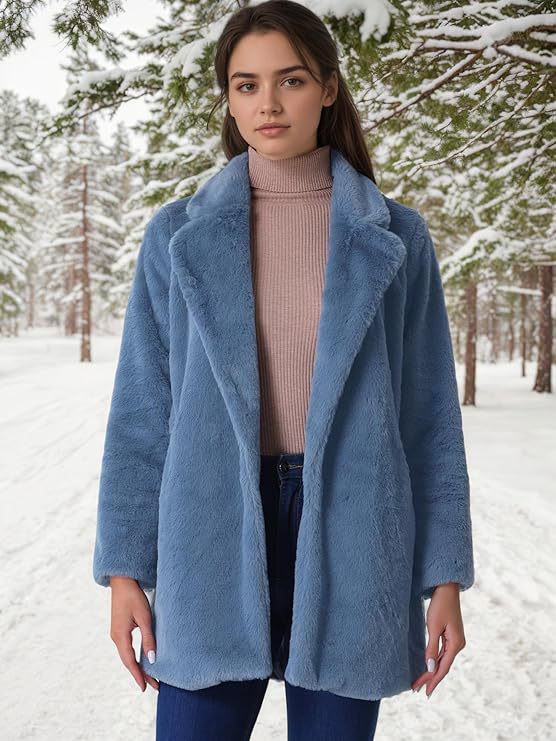 Women's Faux Fur Longline Coat - Suit Collar, 8 Colours