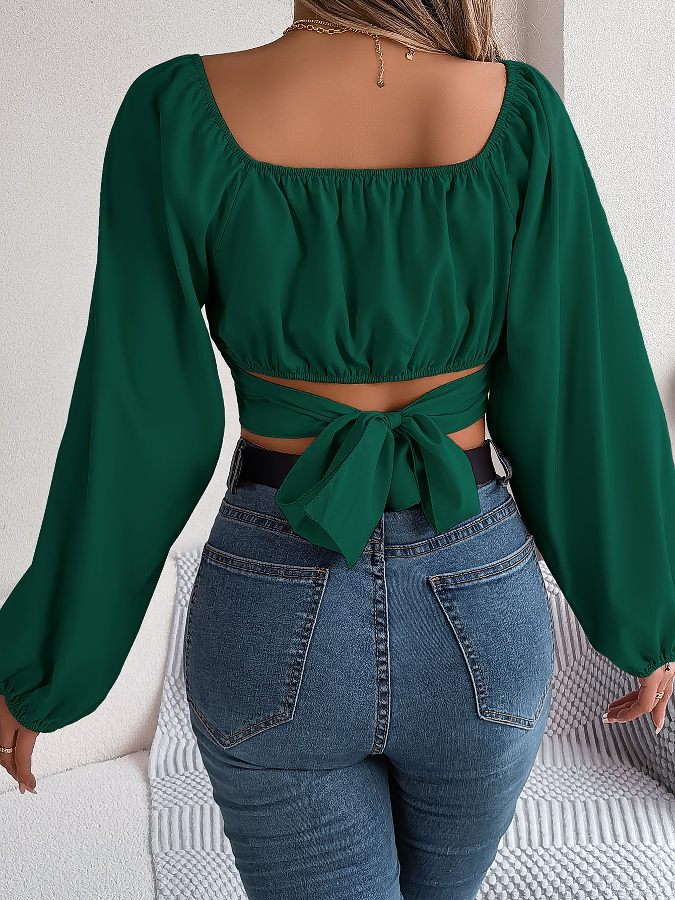 Women's Lantern Sleeve Tie-Waist Chiffon Crop Top