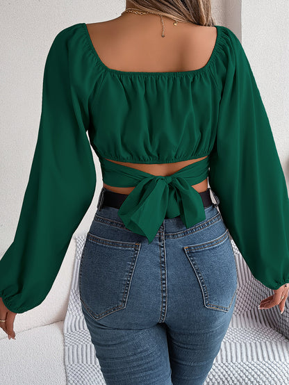 Women's Lantern Sleeve Tie-Waist Chiffon Crop Top