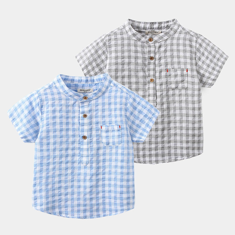 Boys' Cotton Plaid Short Sleeve Shirt | Blue & Grey Check