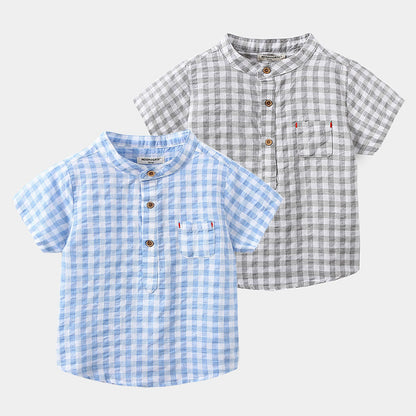 Boys' Cotton Plaid Short Sleeve Shirt | Blue & Grey Check