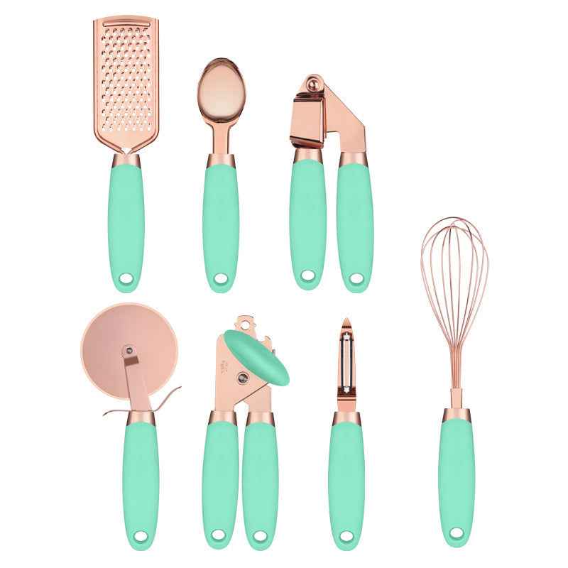 7-Piece Stainless Steel Kitchen Tool Set – Rose Gold Finish Cooking Utensils with Rack