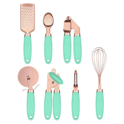 7-Piece Stainless Steel Kitchen Tool Set – Rose Gold Finish Cooking Utensils with Rack