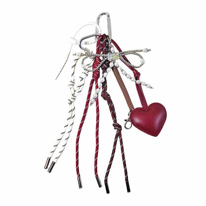 Leather Heart & Pearl Bow Keychain | Wine Red