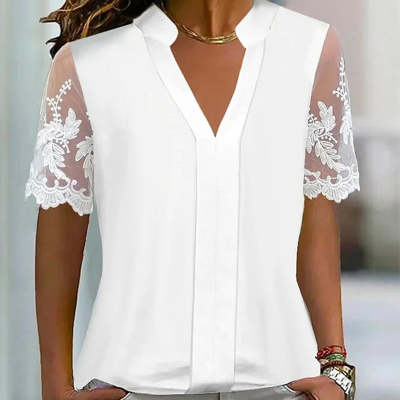 Women's White V-Neck Lace Short-Sleeve Top - Loose Elegant Fit
