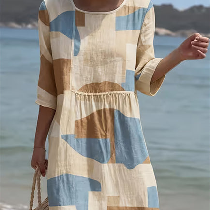Women's Casual Round Neck Mid Sleeve Printed Dress | Beige