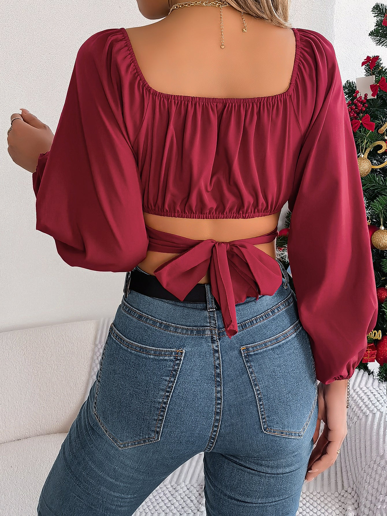 Women's Lantern Sleeve Tie-Waist Chiffon Crop Top