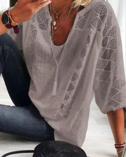 Women's Lace-Stitching U-Neck Three-Quarter Sleeve Top