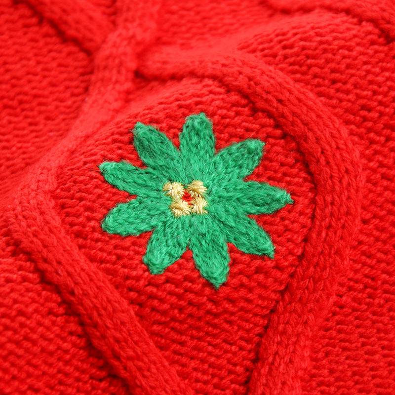 Girls Embroidered Flower Knit Sweater – Round Neck Cotton Top