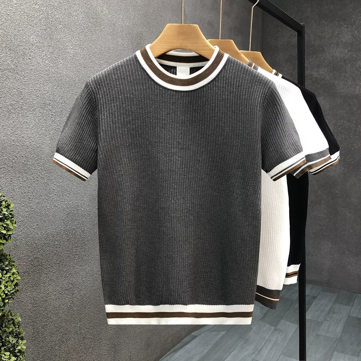 Women's Jacquard Colour-Block Knitted T-Shirt - Loose Short Sleeve