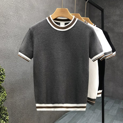 Women's Jacquard Colour-Block Knitted T-Shirt - Loose Short Sleeve