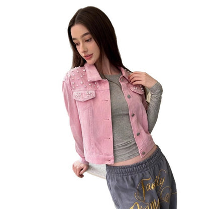 Women's Beaded Detail Slim Fit Denim Jacket – Pink | Sizes S–5XL