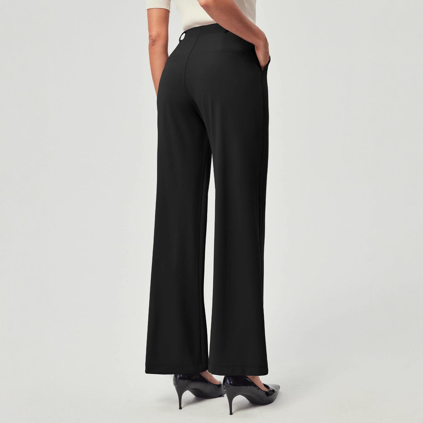 Women's High Waist Wide-Leg Work Trousers - Nylon Blend