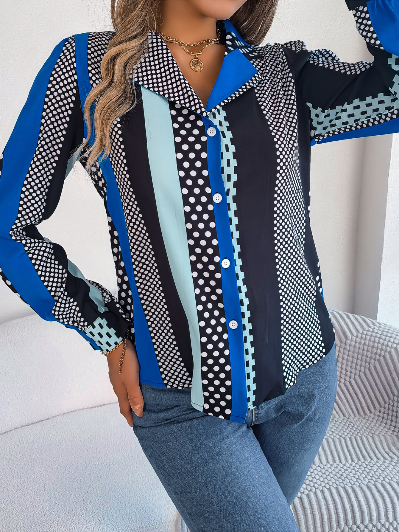 Women's Elegant Colour Block Long-Sleeve Shirt