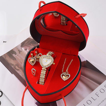 Women's Watch & Jewellery Gift Set | Heart Box | Gold & Silver