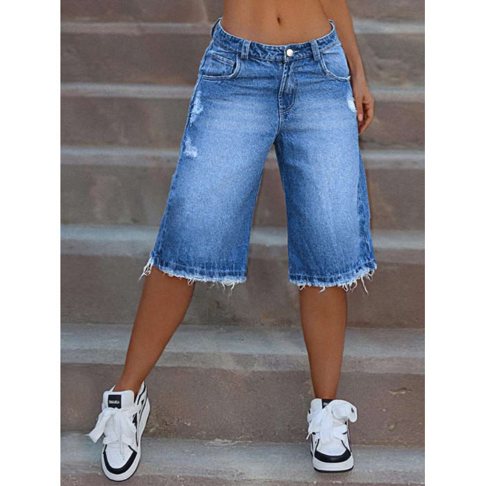 Women's Ripped Raw-Edge Denim Shorts - Blue, S-2XL