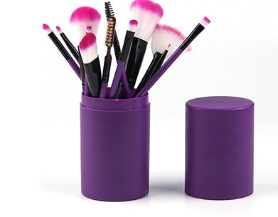 12-Piece Makeup Brush Set with Barrel Box – Rayon Bristles, 8 Colours