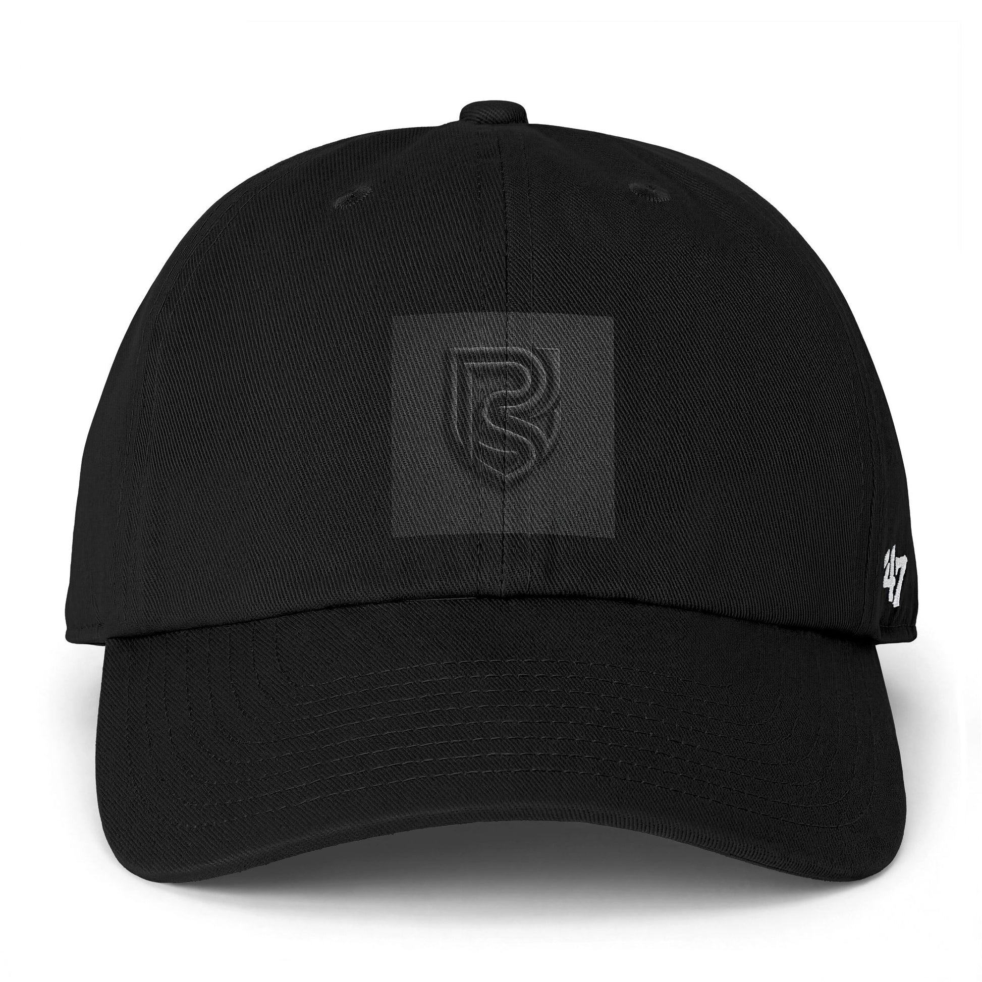 Black cap with a logo on a white background