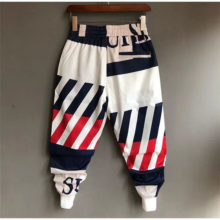 Men's Colour Block Slim-Fit Ankle Trousers | Red & Blue | M-4XL