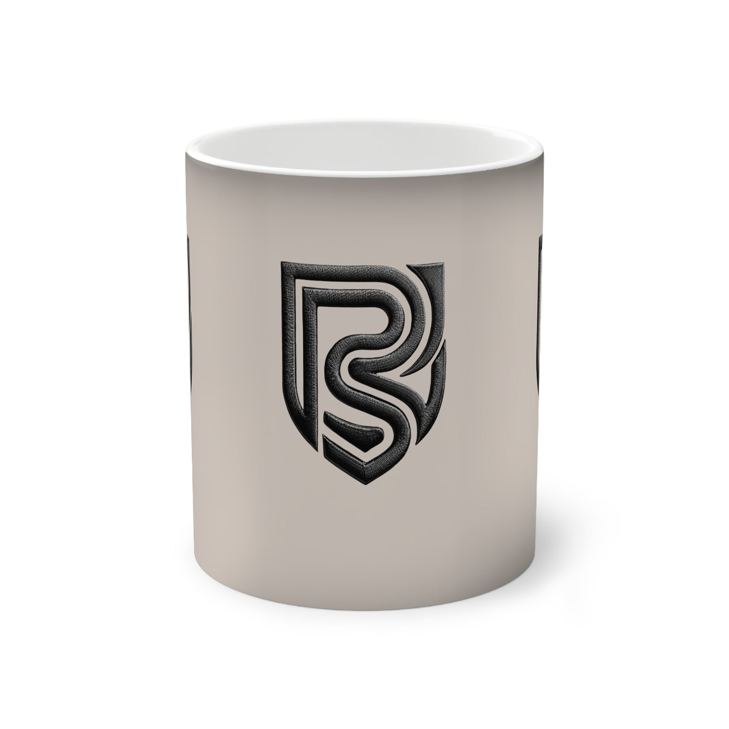 White mug with a black logo on a white background