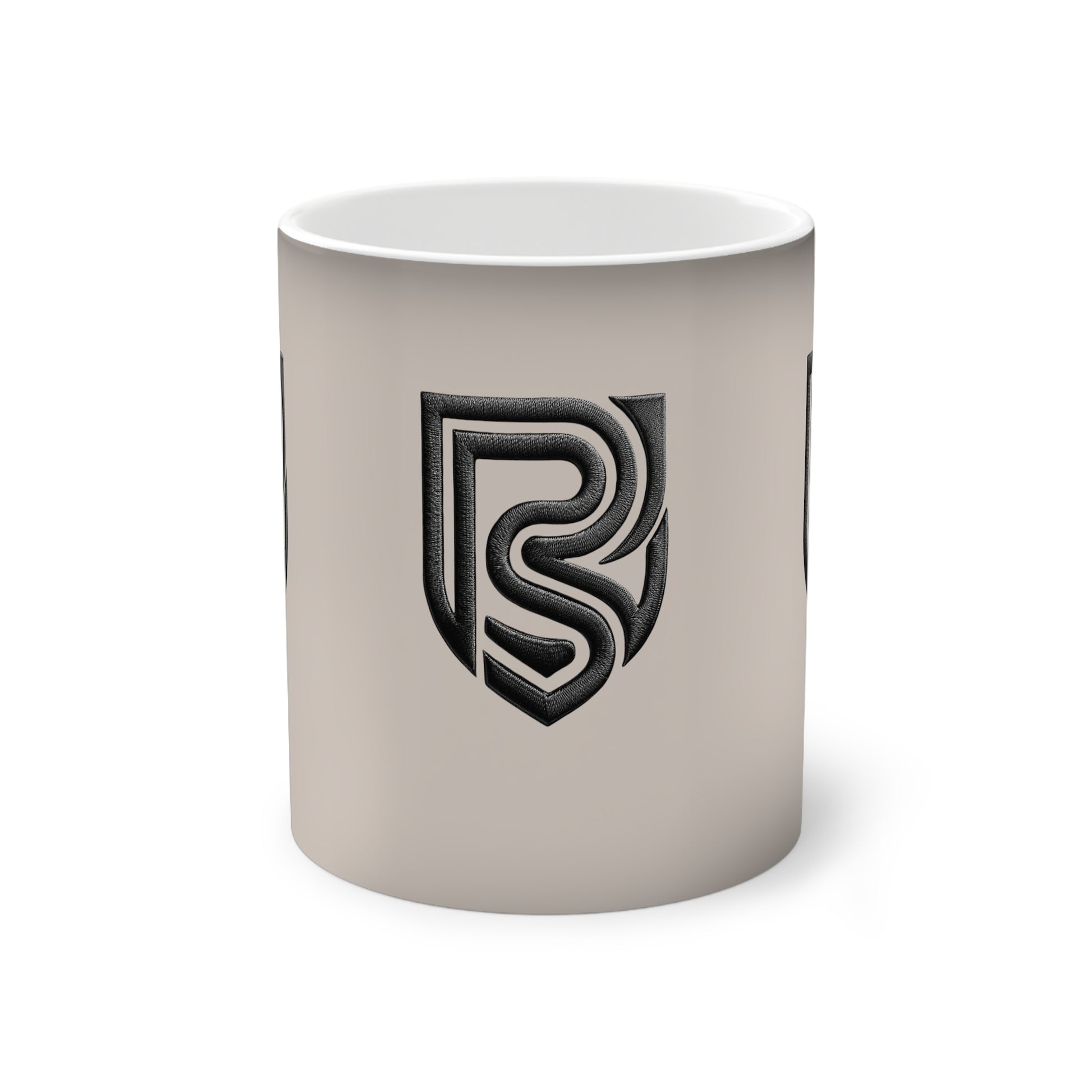 White mug with a black logo on a white background