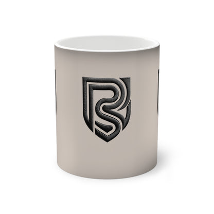 White mug with a black logo on a white background