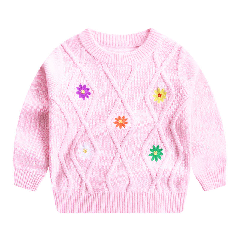 Girls Embroidered Flower Knit Sweater – Round Neck Cotton Top