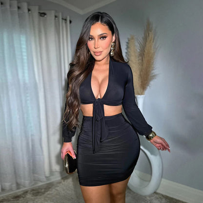 Women's Long-Sleeve Top & Mini Sheath Skirt Two-Piece Set