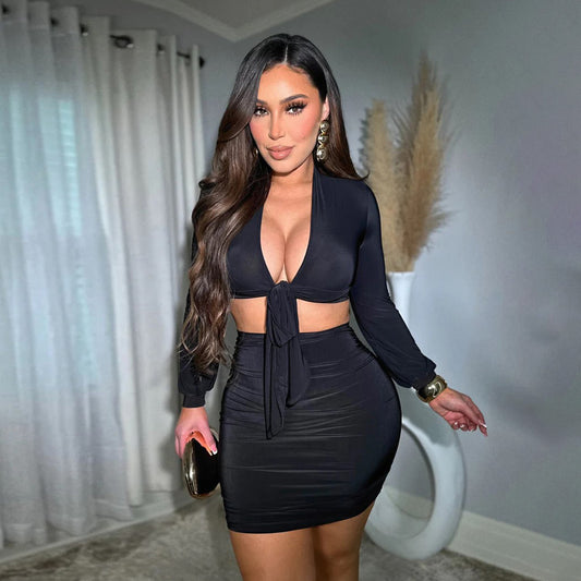 Women's Long-Sleeve Top & Mini Sheath Skirt Two-Piece Set