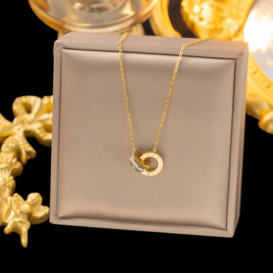 Roman Numeral Double Ring Titanium Steel Necklace
