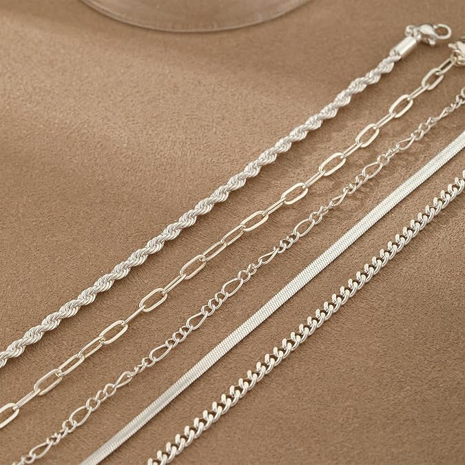 14K Silver Plated Stackable Bracelet Set | 5 Dainty Bracelets for Women